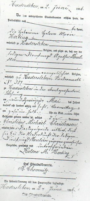 Christian Michael Christensen's German Birth Certificate 